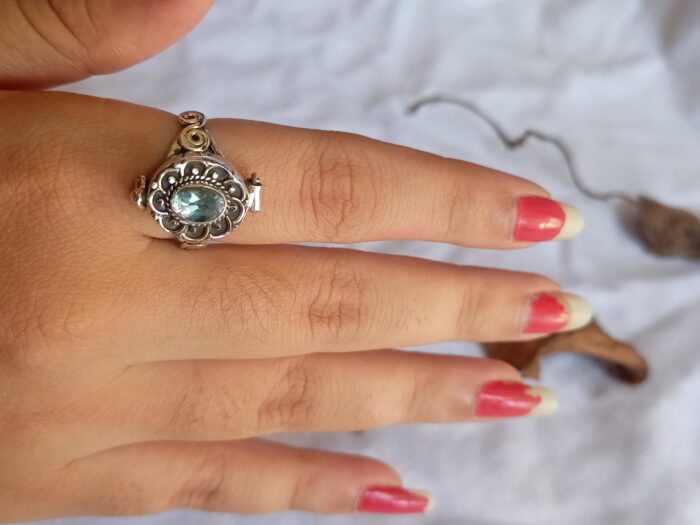 Blue Topaz Ring, 925 Solid Silver Poisoner Ring, Blue Topaz Bali Poisoner Ring, Locket Ring, Keepsake Ring, Ashes Holder Ring, Lockable Ring - Image 5