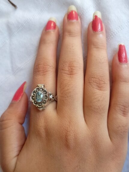 Blue Topaz Ring, 925 Solid Silver Poisoner Ring, Blue Topaz Bali Poisoner Ring, Locket Ring, Keepsake Ring, Ashes Holder Ring, Lockable Ring