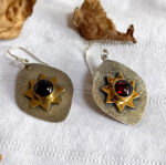 Garnet Earrings: 925 Sterling Silver, Gold Star Design