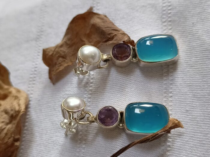 Chalcedony Stud Earrings With Pearl and Amethyst, 925 Sterling Silver Earrings, Gift For Her, Gift For Mom, Anniversary Gifts, Birthday Gift - Image 5