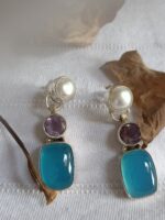 Chalcedony Stud Earrings With Pearl and Amethyst, 925 Sterling Silver Earrings, Gift For Her, Gift For Mom, Anniversary Gifts, Birthday Gift - Image 4