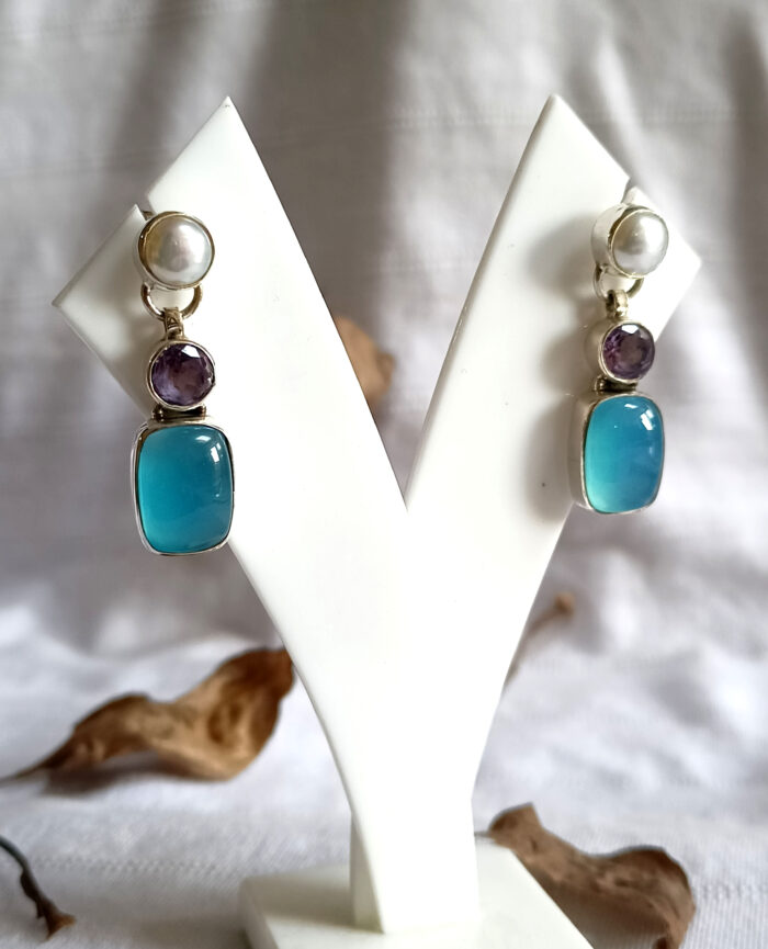 Chalcedony Stud Earrings With Pearl and Amethyst, 925 Sterling Silver Earrings, Gift For Her, Gift For Mom, Anniversary Gifts, Birthday Gift - Image 3
