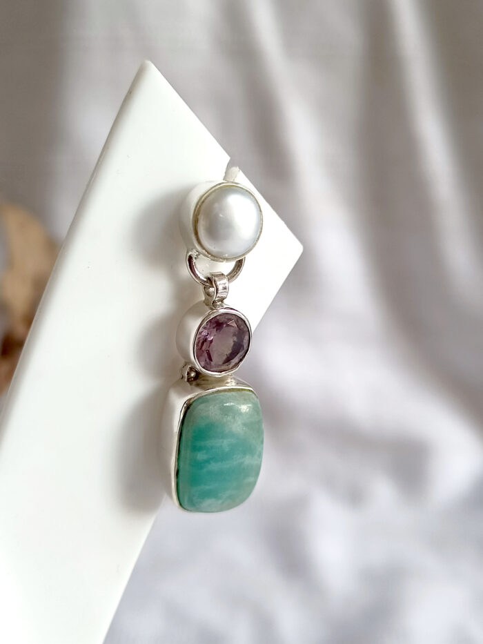 Amazonite Stud Earrings, 925 Sterling Silver Earrings, Gift For Her, Amethyst Earrings, Anniversary Gifts, Birthday Gift, Pearl Earrings - Image 3