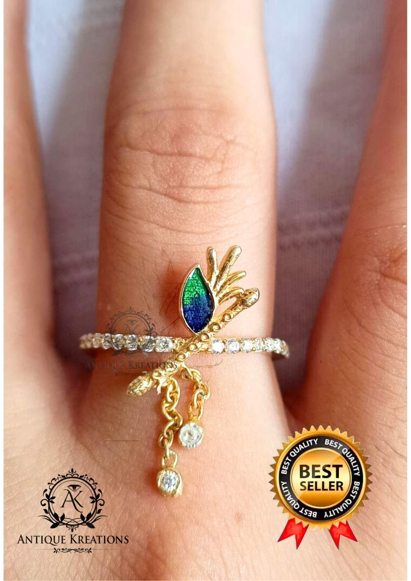 Untitled design (34) Krishna Flute Ring: Sterling Silver, Gold Plated, Cubic Zirconia - Image 2