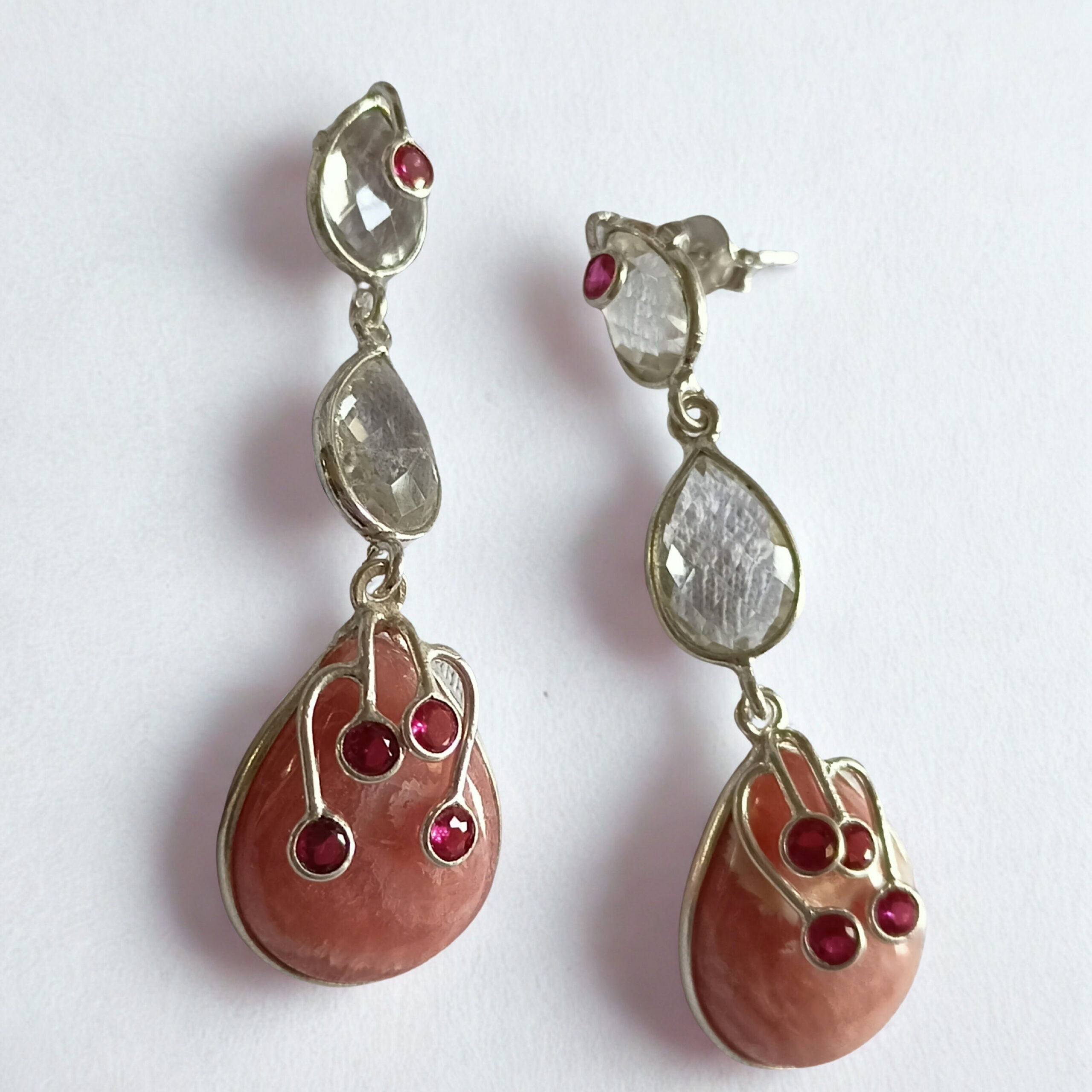 43 Mystic Rose Quartz & Ruby Drop Earrings – Handmade 925 Silver - Image 1