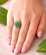 Natural Emerald Flower Ring, 925 Sterling Silver Statement Band, Vintage Artisan Green Gemstone - Image 8