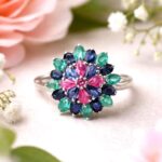 Luxury Multi Gemstone Floral, Ruby, Sapphire 925 Silver Floral Statement Ring