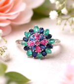 Luxury Multi Gemstone Floral, Ruby, Sapphire 925 Silver Floral Statement Ring