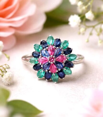 Luxury Multi Gemstone Floral, Ruby, Sapphire 925 Silver Floral Statement Ring