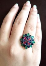 Luxury Multi Gemstone Floral, Ruby, Sapphire 925 Silver Floral Statement Ring - Image 3