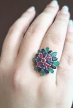 Luxury Multi Gemstone Floral, Ruby, Sapphire 925 Silver Floral Statement Ring - Image 5